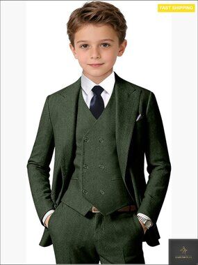 Boys Herringbone Tweed Suit Set Classic Retro Wedding Formal 5 Piece Double